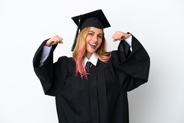 Young university graduate over isolated white background doing strong gesture
