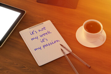 Work from home. desk office with laptop, blank notepad, coffee cup and pen on wood table. Top view copy space.