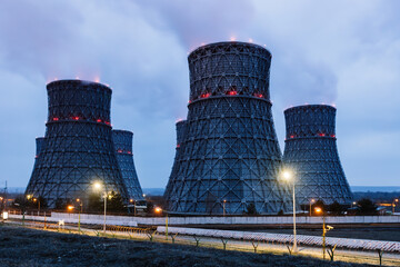 Cooling tower of nuclear power plant at night