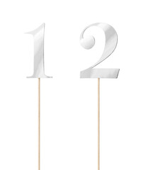 Shiny silver  topper paper cake numbers signs (one, two) on stick isolated on white background. Clipping path included.