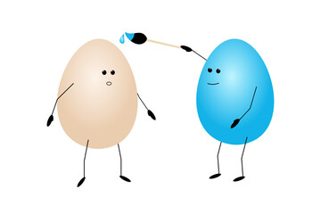 Vector illustration of two cute Easter eggs. Blue egg is painting brown egg to blue color.