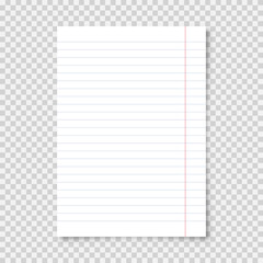 Realistic blank lined paper sheet in A4 format on transparent background. Notebook page, document. Design template or mockup. Vector illustration.