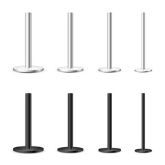 Realistic metal poles collection isolated on white background. Glossy steel pipes of various diameters. Billboard or advertising banner mount, holder. Vector illustration.