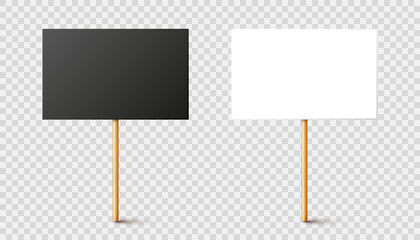 Blank black and white protest signs with wooden holder. Realistic vector demonstration banner. Strike action cardboard placard mockup.