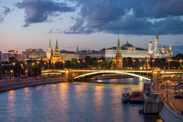 Moscow Kremlin and Moskva River at sunset in Moscow, Russia.