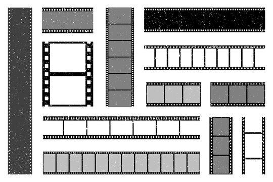 Grunge film strips collection. Old retro cinema movie strip. Video recording. Vector illustration.