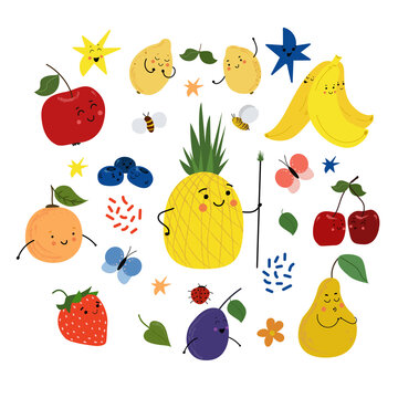 Set of funny kawaii style fruits. Flat style illustration.