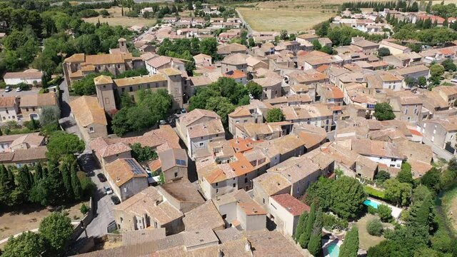 Aerial view of houses of Fontcouverte commune in Aude department, southern France . High quality 4k footage
