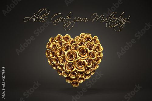 3d rendering: A heart of golden roses in front of a black background and the German message "Alles Gute zum Muttertag" ("Happy Mother's Day") on top.