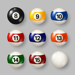 Colorful billiard, pool balls with numbers on gray background. Realistic glossy snooker ball. Vector illustration.