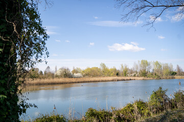 Fototapeta na wymiar Paesaggio lago e fiume, con cielo blu, sole e nuvole.