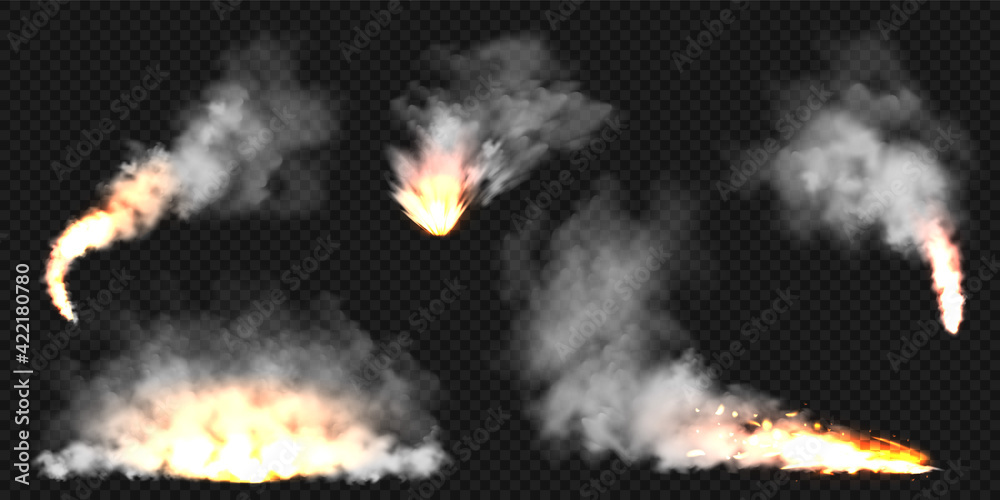 Canvas Prints Realistic smoke clouds and fire. Flame blast, explosion. Stream of smoke from burning objects. Forest fires. Transparent fog effect. White steam, mist. Vector design element.