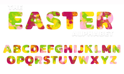 Wet painted multicolored Easter alphabet letter set with splatters, bold typeface, creative uppercase font design for poster, banner, greeting card