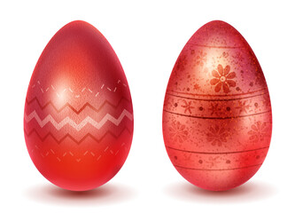 Two realistic Easter eggs with different surface texture, patterns and holiday symbols in red colors. With shadows on white background