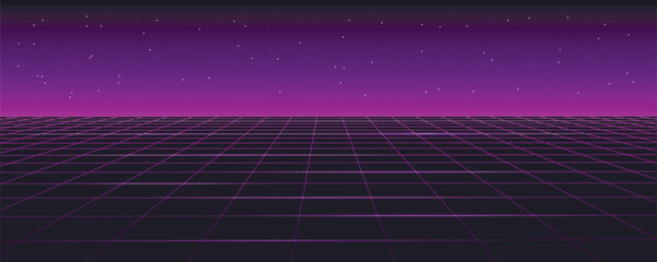 Retro futuristic background landscape 1980s style. Digital retro cyber surface. 80s Retro Sci-Fi background. Vector retro 80s illustration.