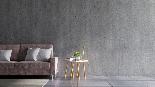 Concrete wall in house with sofa and accessories in the room.