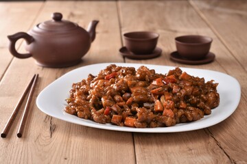 Original chinese dish - roasted beef with carrots.