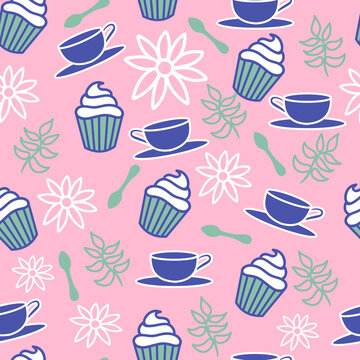 Vector Pink Cupcake Coffee Seamless pattern background. Perfect for fabric, scrapbooking, wallpaper projects.