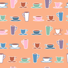 Vector Peach Coffee Cups seamless pattern background. Perfect for fabric, scrapbooking, wallpaper projects.