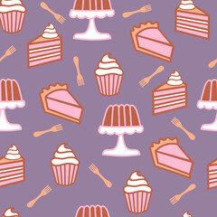Cake Pastries Pink seamless pattern background. Perfect for fabric, scrapbooking, wallpaper projects.
