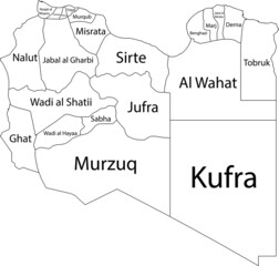 White vector map of the State of Libya with black borders and names of its districts