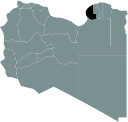 Black highlighted location map of the Libyan Benghazi district inside gray map of the State of Libya