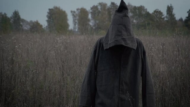 Mysterious monk or wizard in hooded robe walks throw autumn misty field or forest. Horror or halloween concept.