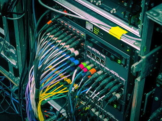 Multi-colored wires are connected to server hardware. Concept - hosting equipment. Server hosting rent. Detail of a server installation close-up. Rear panel of network installation.