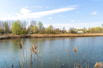 Paesaggio lago e fiume, con cielo blu, sole e nuvole.