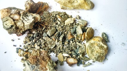 Vein rock samples from the people's gold mine, with shiny yellow pyrite minerals. Geological exploration