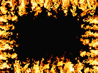 Flame background. Hot frame. Inferno energy. Bright orange yellow wildfire heat glow with spark design isolated on black night abstract copy space banner.