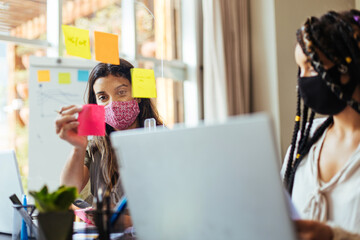 Business women wearing protective masks sitting at their desks separated by plexiglass dividers