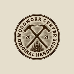 Woodwork Vector Illustration Logo Design. Woodwork Logo Template for Wood Master, Sawmill and Carpentry Service. Hammer Logo Concept Inspiration
