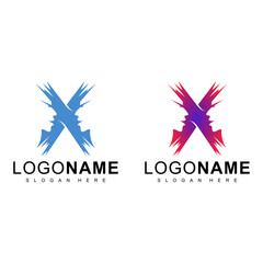 X face tech design in flat style, blue and red color