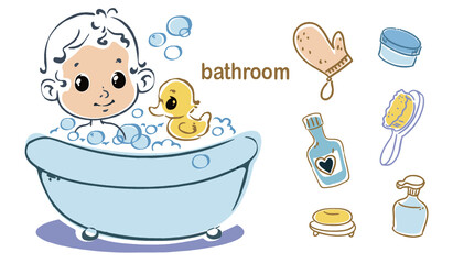 child in the bath with foam and rubber duck toy, a set of childcare items, children's cute style