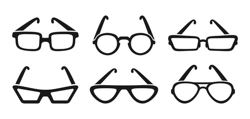 Glasses stylish black silhouette icon set. Rim glasses, spectacle frame and eyewear shape. Fashion woman or man glasses, hipster, geek spectacles optical. Hand drawn Isolated vector illustration