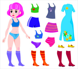 beautiful cute girl with pink hair and a set of clothes and shoes. paper doll.