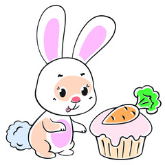 cute baby hare looking at a cake eating on a white background, vector illustration.