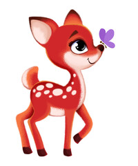 illustration of a fawn with a butterfly on its nose. Clipart kids cartoon animal