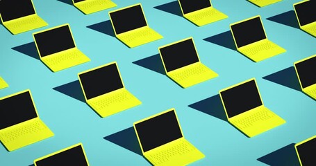 Colorful array of bright yellow laptops that swing open. Overhead angled shot, laptops opening against a light blue background and casting shadows from a bright sun. 3D rendered animation of computers