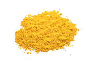 Piles of yellow color powder for Indian Holi festival on white background.
