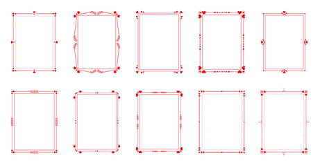 Red filigree decorative calligraphic frames set. Elegant calligraph vintage text border with hearts or floral ornaments template great for decor wedding card, certificate. Isolated vector illustration