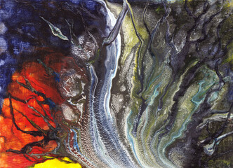 Abstract textural liquid fluid acrylic tree on red and blue background