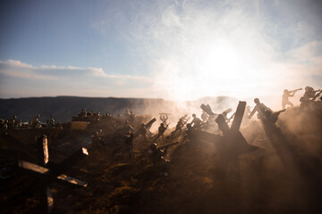 World War 2 reenactment (D-day). Creative decoration with toy soldiers, landing crafts and...