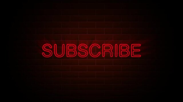 Subscribe text on neon sign. Night bright advertisement. 4K Motion Design Animation