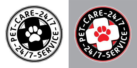 Pet care service 24-7 icon. Simple round animal themed service badge or stamp wit health care cross and paw print. Concept for around the clock animal service in clinics, hospitals and veterinaries.