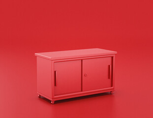 shiny red plastic bathroom cabinet in red background, flat colors, single color, 3d rendering