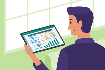 Businessman Checking Out Business Balance Spreadsheet Program on Laptop Screen in Office Financial on Tablet Computer Flat Vector Illustration. Can be Used for Digital and Printable Infographic.