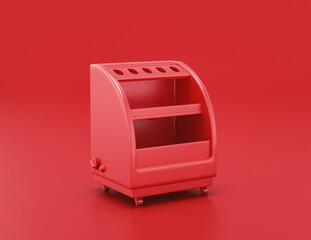 shiny red plastic display and beverage cooler in red background, flat colors, single color, 3d rendering