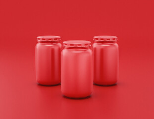 A Group of shiny red plastic flat color glass jars in red background, monochrome, single color, 3d rendering